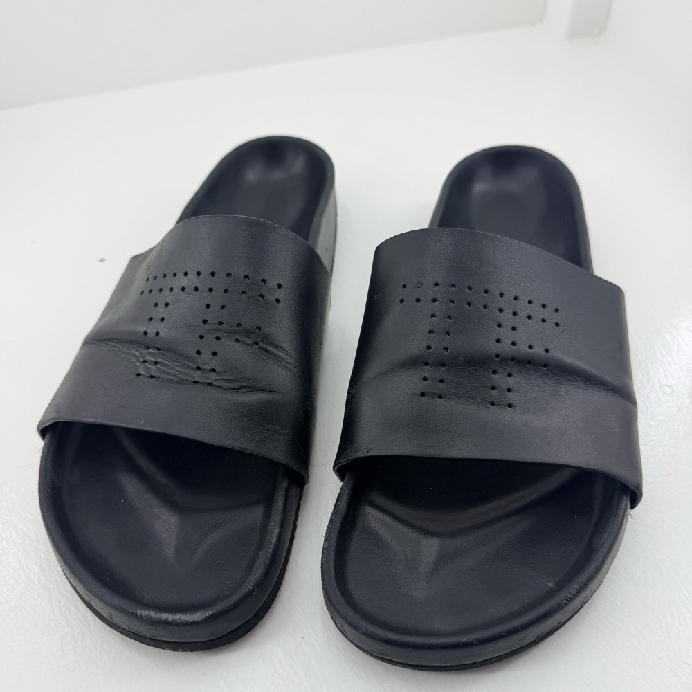 Tom Ford J1224T Mens 8 Black Leather Perforated TF Logo Slide Sandals Italy